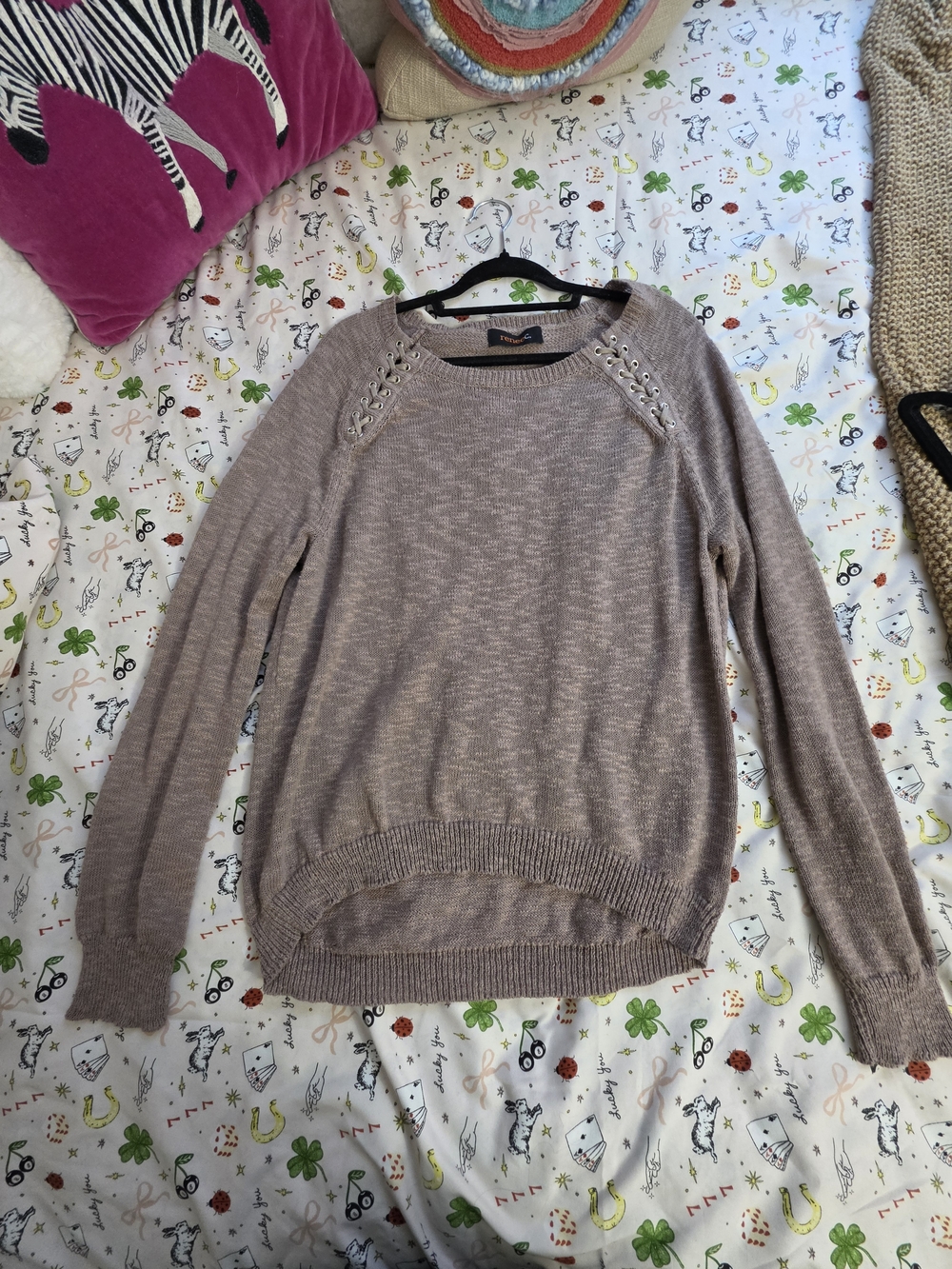 Renee C. Taupe Eyelet-Shoulder Crewneck Sweater